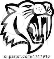 Poster, Art Print Of Angry Saber Toothed Cat Head Mascot Black And White