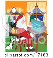 Poster, Art Print Of Cute Black And White Puppy Seated Beside Santa Claus As He Checks His Email