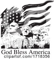 Poster, Art Print Of Mount Rushmore With A Usa Flag And God Bless America Text Black And White