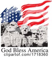 Mount Rushmore With An American Flag And God Bless America Text