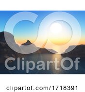 3D Landscape With Mountains In Ocean At Sunset