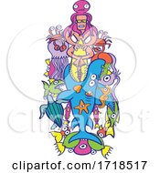 Poster, Art Print Of Risky Summer Sport Surfer In The Mouth Of A Shark And Surrounded By Sea Creatures