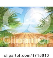 Poster, Art Print Of 3d Tropical Landscape With Wooden Table And Palm Trees Looking Out To The Ocean