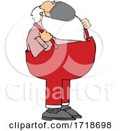 Cartoon Covid Santa Wearing A Mask And Grasping His Suspenders