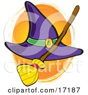 Purple Witches Hat With A Straw Broom On Halloween Clipart Illustration