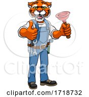Poster, Art Print Of Tiger Plumber Cartoon Mascot Holding Plunger