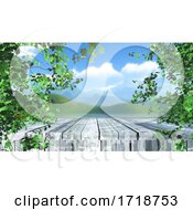 Poster, Art Print Of 3d Wooden Table In Trees Against A Defocussed Landscape Background