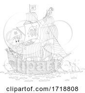 Poster, Art Print Of Black And White Pirate Kid Steering A Ship And Shark