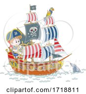 Pirate Kid Steering A Ship And Shark