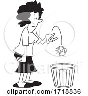 Cartoon Woman Tossing Crumpled Paper In The Trash Black And White