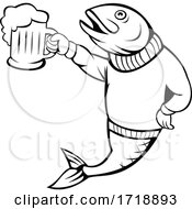 Poster, Art Print Of Trout Or Salmon Fish Holding Up Beer Mug Of Ale Wearing Sweater Cartoon Black And White