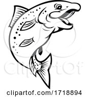 Poster, Art Print Of Happy Rainbow Trout Or Salmon Fish Jumping Up Cartoon Black And White