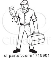 Poster, Art Print Of Plumber Holding Monkey Wrench And Toolbox Cartoon Black And White