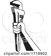Poster, Art Print Of Hand Of Plumber Holding Up Pipe Wrench Retro Black And White