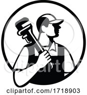 Poster, Art Print Of Plumber Holding Pipe Wrench Looking To Side Circle Retro Black And White