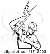 Power Lineman Electrician Throwing Lightning Bolt Black And White Retro