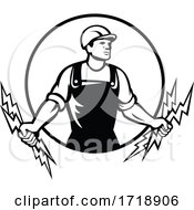 Electrician Power Lineman Holding Two Lightning Bolts Circle Retro Black And White