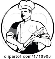 Poster, Art Print Of Baker Chef Cook Holding Rolling Pin Retro Black And White