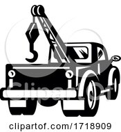 Vintage Tow Truck Or Wrecker Pick Up Truck Rear View Retro Black And White