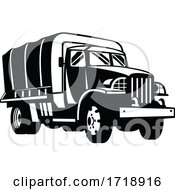 Military Truck Military Vehicle Personnel Transport Retro Woodcut Black And White by patrimonio
