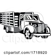 Poster, Art Print Of Classic American Pickup Truck With Wood Side Rails Front Retro Woodcut Black And White
