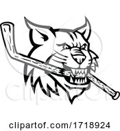 Poster, Art Print Of Bobcat-Biting-Ice-Hockey-Stick-Head-Mascot_bw-Cut