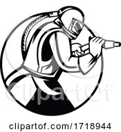 Poster, Art Print Of Sandblaster Abrasive Blasting Side View Circle Mascot Black And White