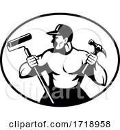 Builder Handyman Painter Or Carpenter Holding Hammer And Paint Roller Retro Black And White