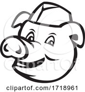 Head Of Butcher Pig Wearing Hat Smiling Cartoon Black And White