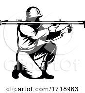 Poster, Art Print Of World War Two Soldier Aiming Bazooka Side View Retro Black And White