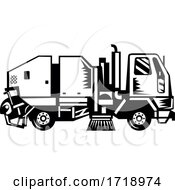 Poster, Art Print Of Street Cleaner Truck Side View Retro Woodcut