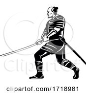Poster, Art Print Of Samurai Warrior With Katana Sword In Fighting Stance Retro Black And White