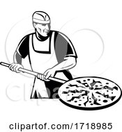Poster, Art Print Of Pizza Pie Maker Holding A Pizza Peel Front Retro Black And White