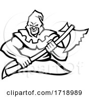 Hooded Medieval Executioner Carrying Axe Mascot Black And White