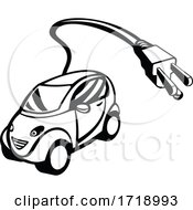 Poster, Art Print Of Electric Vehicle Or Green Car With Plug Coming Out Retro Black And White