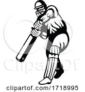 Poster, Art Print Of Cricket Batsman With Bat Batting Viewed From Front Retro Black And White