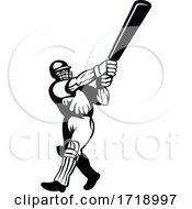 Poster, Art Print Of Cricket Batsman With Bat Batting Viewed From Side Retro Black And White