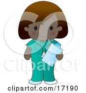 Dark Skinned Female Medical Nurse Or Doctor In Scrubs Holding A Clipboard While On Shift At The Hospital Clipart Illustration