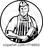Poster, Art Print Of Butcher With Meat Cleaver Knife Front View In Circle Woodcut Black And White