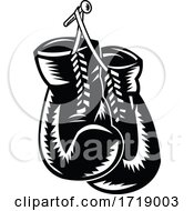 Poster, Art Print Of Pair Of Boxing Gloves Hanging On Nail Retro Woodcut Black And White