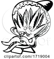 Agave Plant Wearing Sombrero Sitting And Sipping Martini Woodcut Black And White