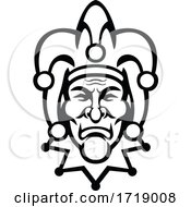 Medieval Court Jester Head Front View Mascot Black And White