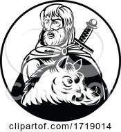 Poster, Art Print Of Freyr Or Frey God In Norse Mythology With Sword And Wild Boar Retro Woodcut Black And White