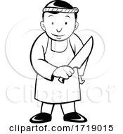 Cartoon Japanese Butcher Holding Knife Viewed From Front Black And White