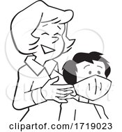 Poster, Art Print Of Cartoon Black And White Mother Putting A Corona Virus Mask On Her Son