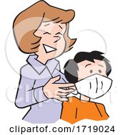Cartoon Mother Putting A Corona Virus Mask On Her Son