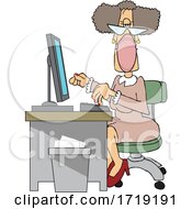 Cartoon Senior White Female Secretary Wearing A Mask At Her Desk