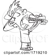 Cartoon Outline Boy Taking A Big Bite Of A Hot Dog