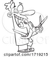 Poster, Art Print Of Cartoon Lineart Man Talking Into A Microphone And Holding Scissors