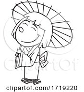 Cartoon Outline Japanese Girl With A Parasol